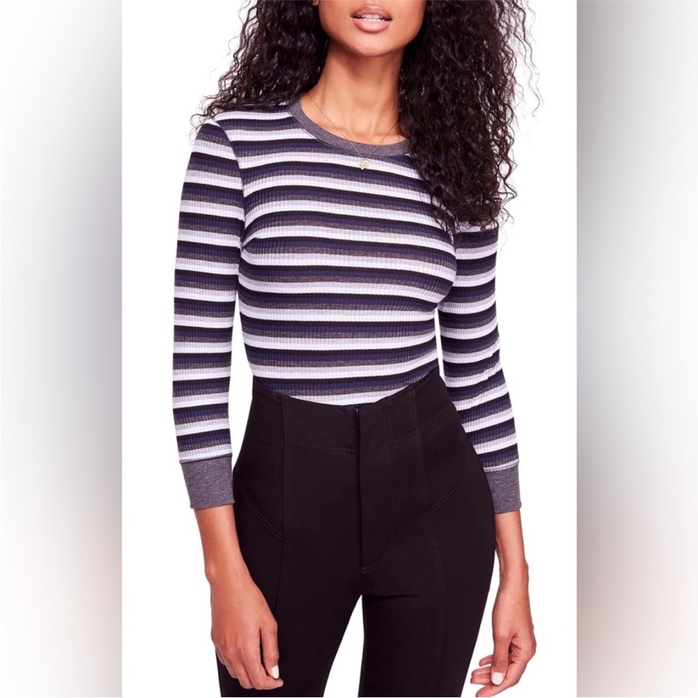 Free People | Women’s Blue/White Multi Striped Ribbed Good On You Fitted Top XS